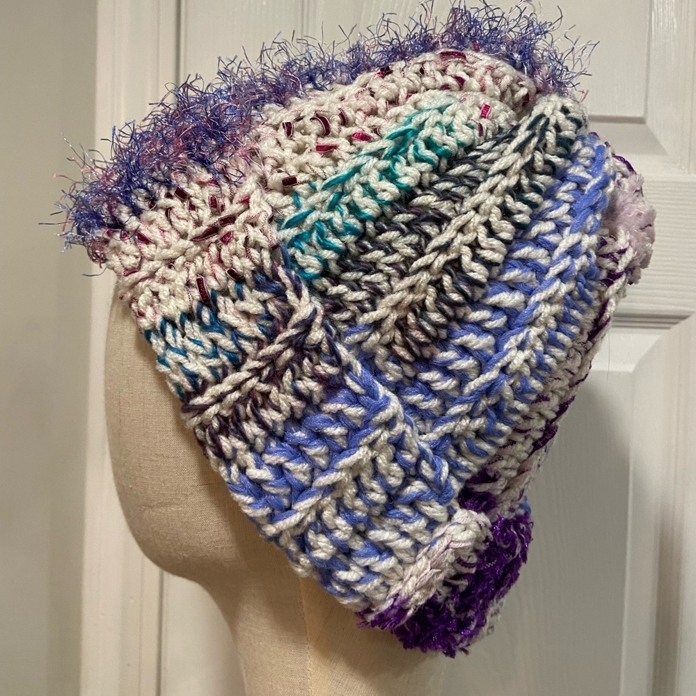 Handmade Crochet Chunky Ribbed Upcycled Multi Fiber Scrappy Yarn Beanie Hat